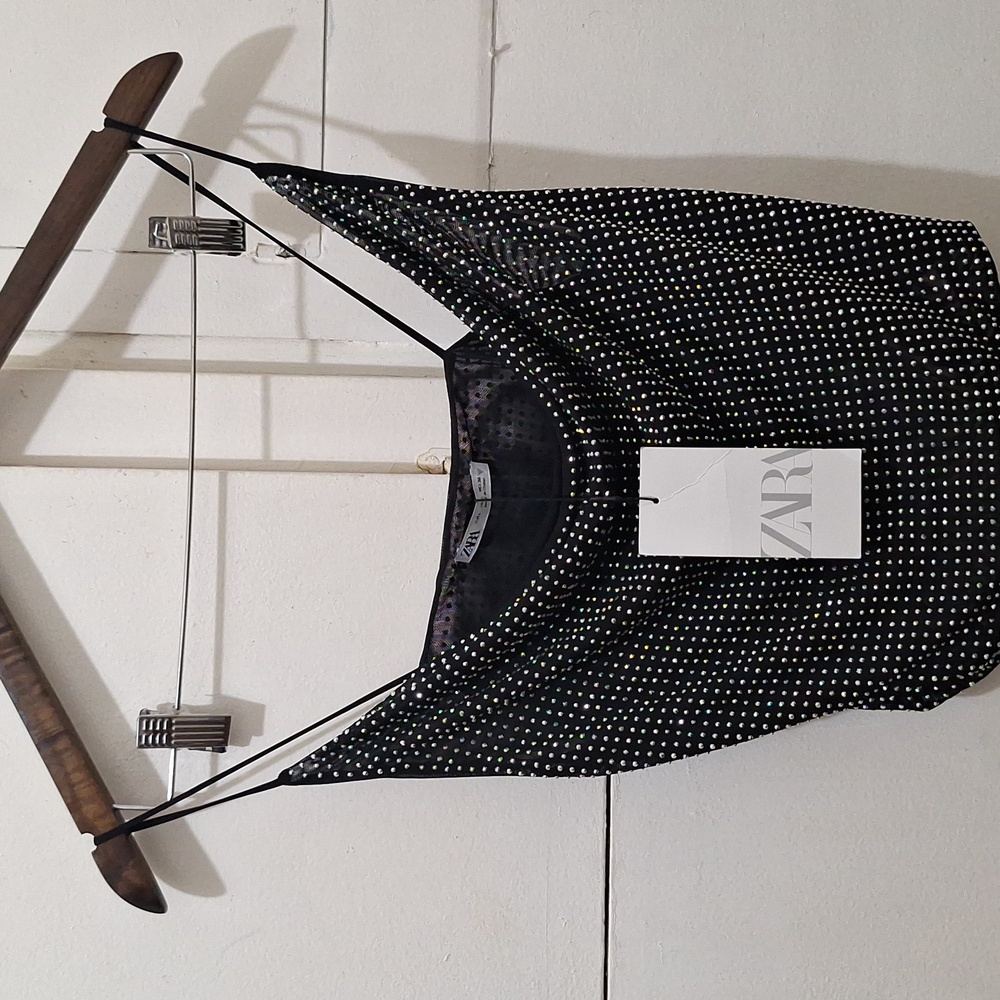 NWT ZARA RHINESTONE BLACK TULLE SPARKLY CROP TOP